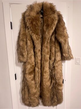 Zara Long Faux Fur Coat in Warm Brown
